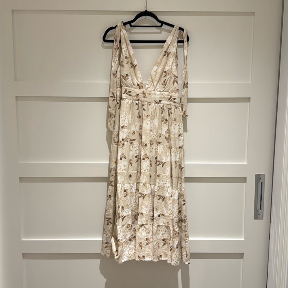 House of Harlow Floral Linen V-Neck Tie Straps Open Back Maxi Dress